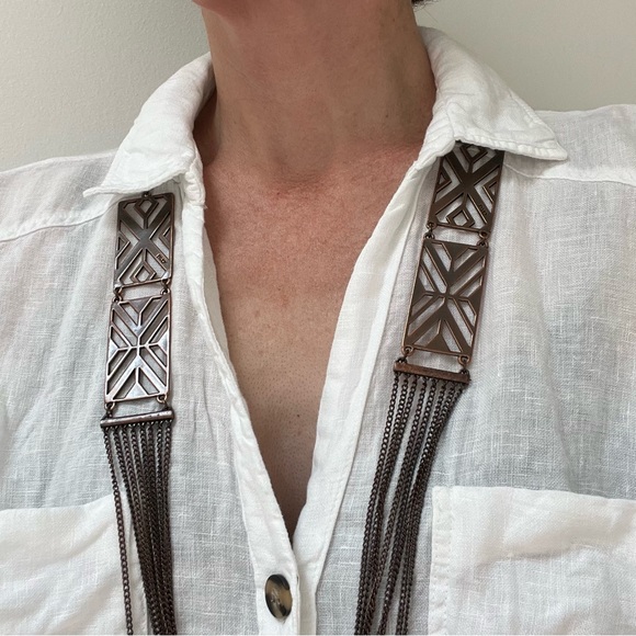 Metal Chain Long Necklace Bronze w/ geometric design 18" - Picture 1 of 6
